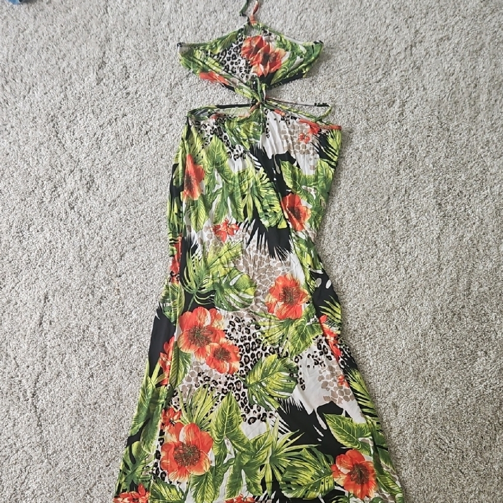 Fashion Nova Pink and Green Asymmetrical Halter Sundress Maxi